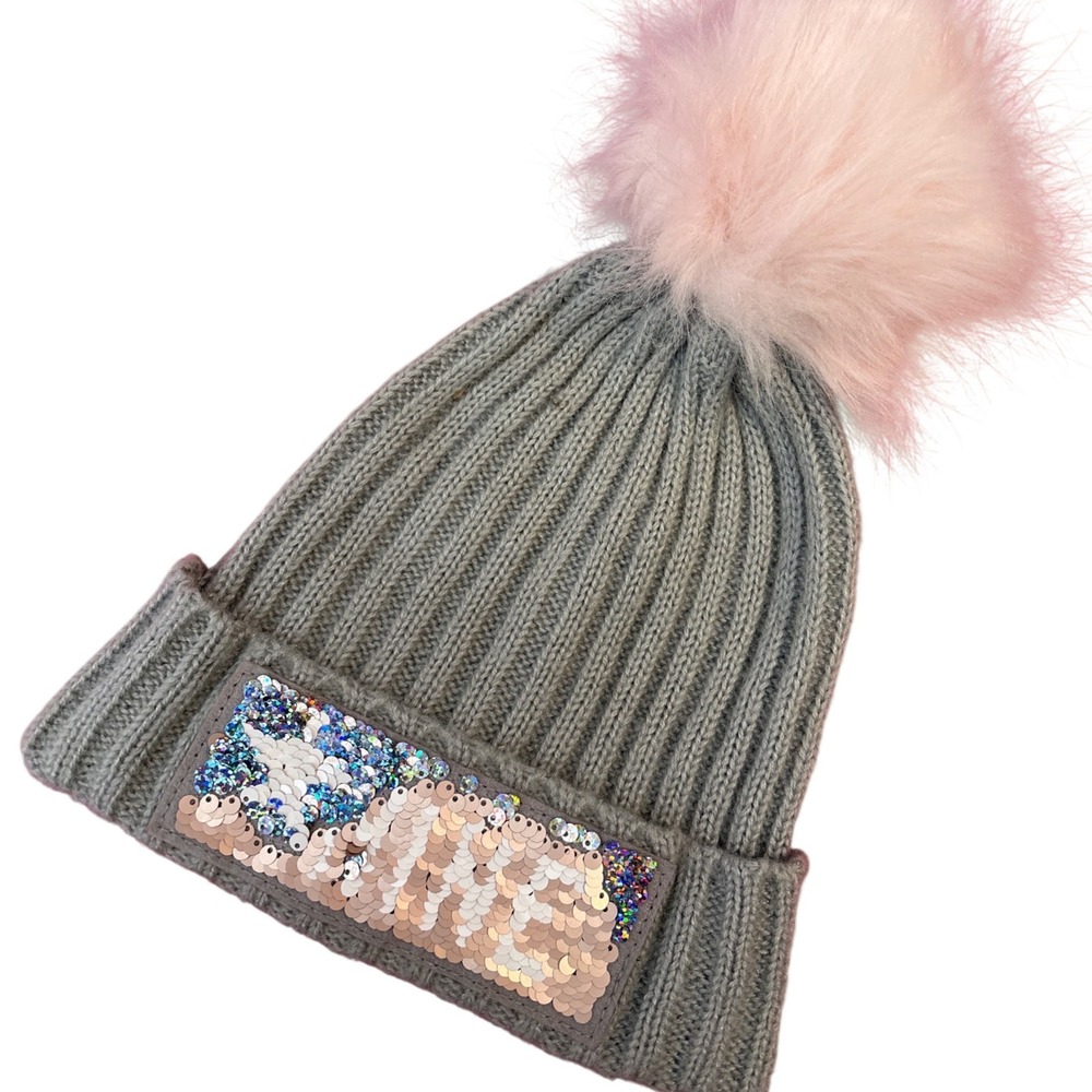 Justice Girls Gray Ribbed Knit Beanie Pink Faux Fur Pom Sequin Love Hat OS